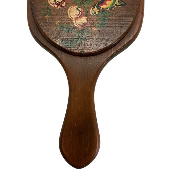 Vintage Mirror Hand Painted Wooden Floral Cherries Butterfly Handheld Vanity - Picture 8 of 13